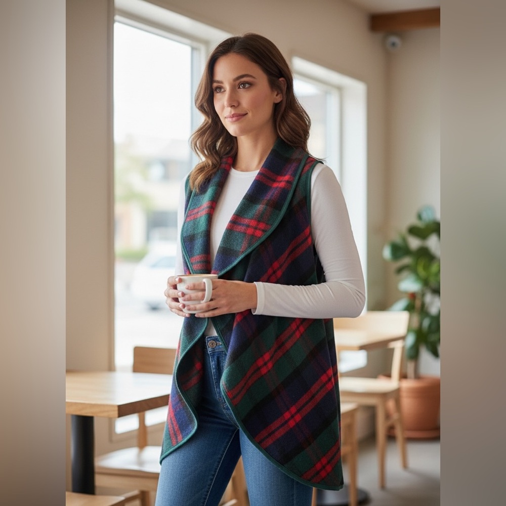 NEW•XL-2X•Penny Plaid Perfection Brushed Knit Waterfall Vest
